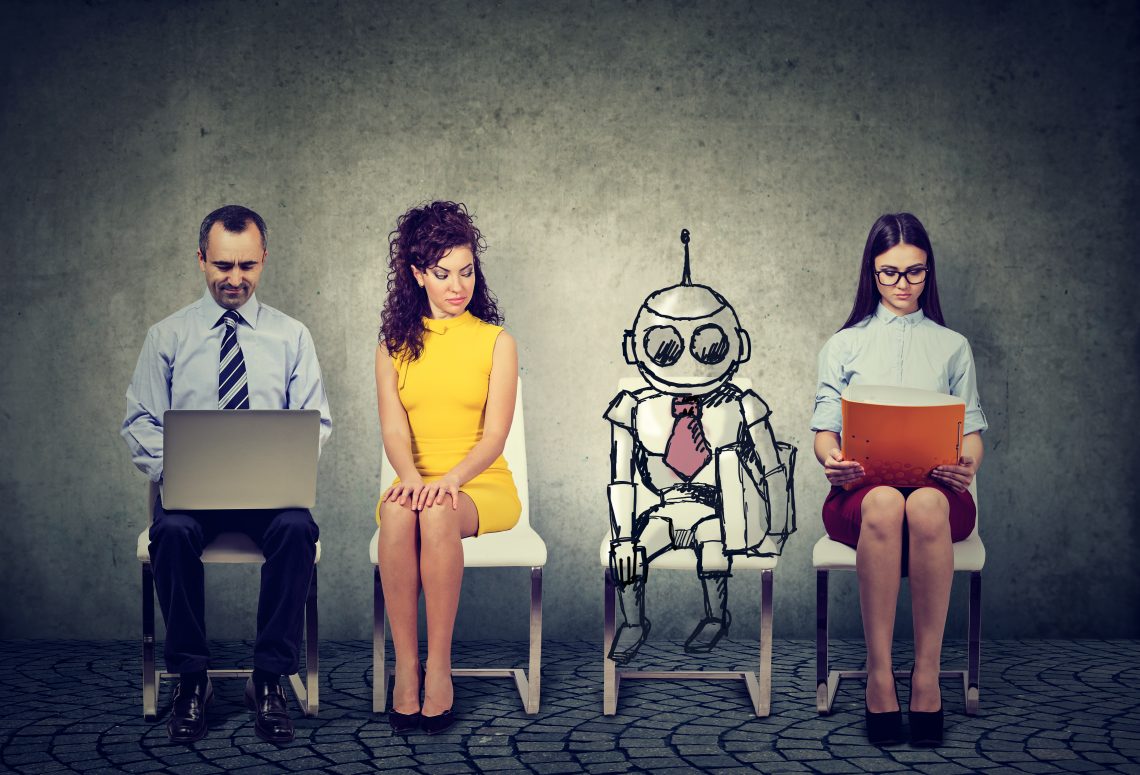 Cartoon,Robot,Sitting,In,Line,With,Applicants,For,A,Job